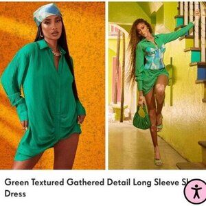 Prettylittlething Green Textured Gathered Detail Long Sleeve Shirt Dress Size 20